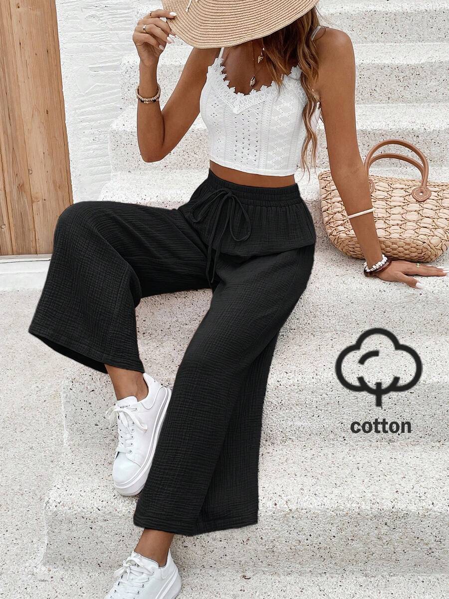 SHEIN Frenchy 女款休閒百搭純色直筒長褲 - 黑色 - 查看 1