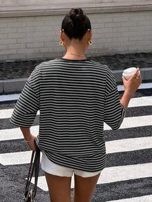 Muchica Women's Versatile Striped Colorblock Round Neck T-Shirt For Daily Wear - Black - View 2