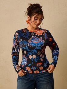 Travachic Autumn New Plus Size Women's Fitted Printed Top, Suitable For Vacation/Casual Wear In Various Relaxing Occasions Fall - Multicolor - View 4