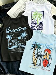 SHEIN 青少年男孩3件套度假風圖案印花背心，春夏休閒舒適時尚，適合外出、戶外運動、野餐、街拍、禮物、日常穿著 - 彩色 - View 4