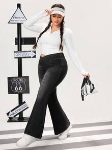Flexra Plus Size Casual Everyday Date Night Dinner Washed V-Waist Flare Leg Jeans Black Summer - Light Grey - View 4