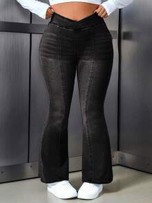 Flexra Plus Size Casual Everyday Date Night Dinner Washed V-Waist Flare Leg Jeans Black Summer - Light Grey - View 10