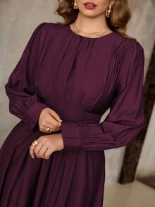 Roveilla Plus Size Women's Spring Autumn Winter French Elegant Luxury Minimalist High-End Design Casual Vacation Office Commute Old Money Style Comfortable Round Neck Gathered Waist Tie Waist Flared Hem Long Sleeve Long Dress - Red Violet - View 5