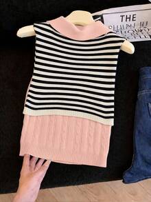 Everyssa New European & American Fashion Mixed Color Versatile Knit Top Sweater Dress - Pink - View 2