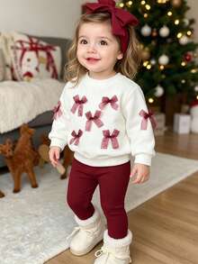 SHEIN Playful Pals 女嬰春秋時尚可愛紅色蝴蝶結圓領長袖衛衣與內搭褲2件套，適合家庭穿搭、1歲生日、婚禮派對及各種場合 - 酒紅色 - 查看 3