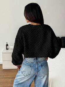 SHEIN PETITE 素色休閒秋冬女款長袖抓絨外套 小碼可愛風 - 黑色 - 查看 3