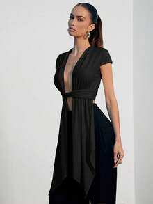 Hauture Women's Solid Color Deep V-Neck Asymmetrical Hem Cape Sleeve Sexy Top - Black - View 3
