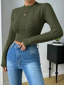 SHEIN Raffinéa Suéter corto de unicolor versátil y casual - Verde militar - Ver 8