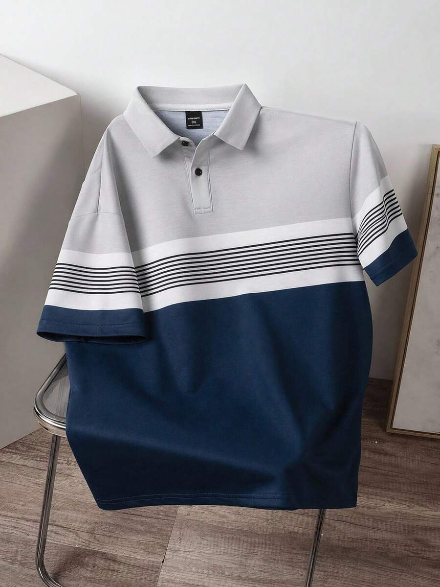 Manfinity Joysei 大码男士条纹短袖休闲通勤 Polo 衫 - 彩色 - 查看 1