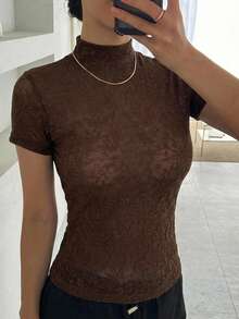 DAZY Solid Color Round Neck Fitted Short Sleeve Base Layer T-Shirt For Women Fall - Rust Brown - View 4