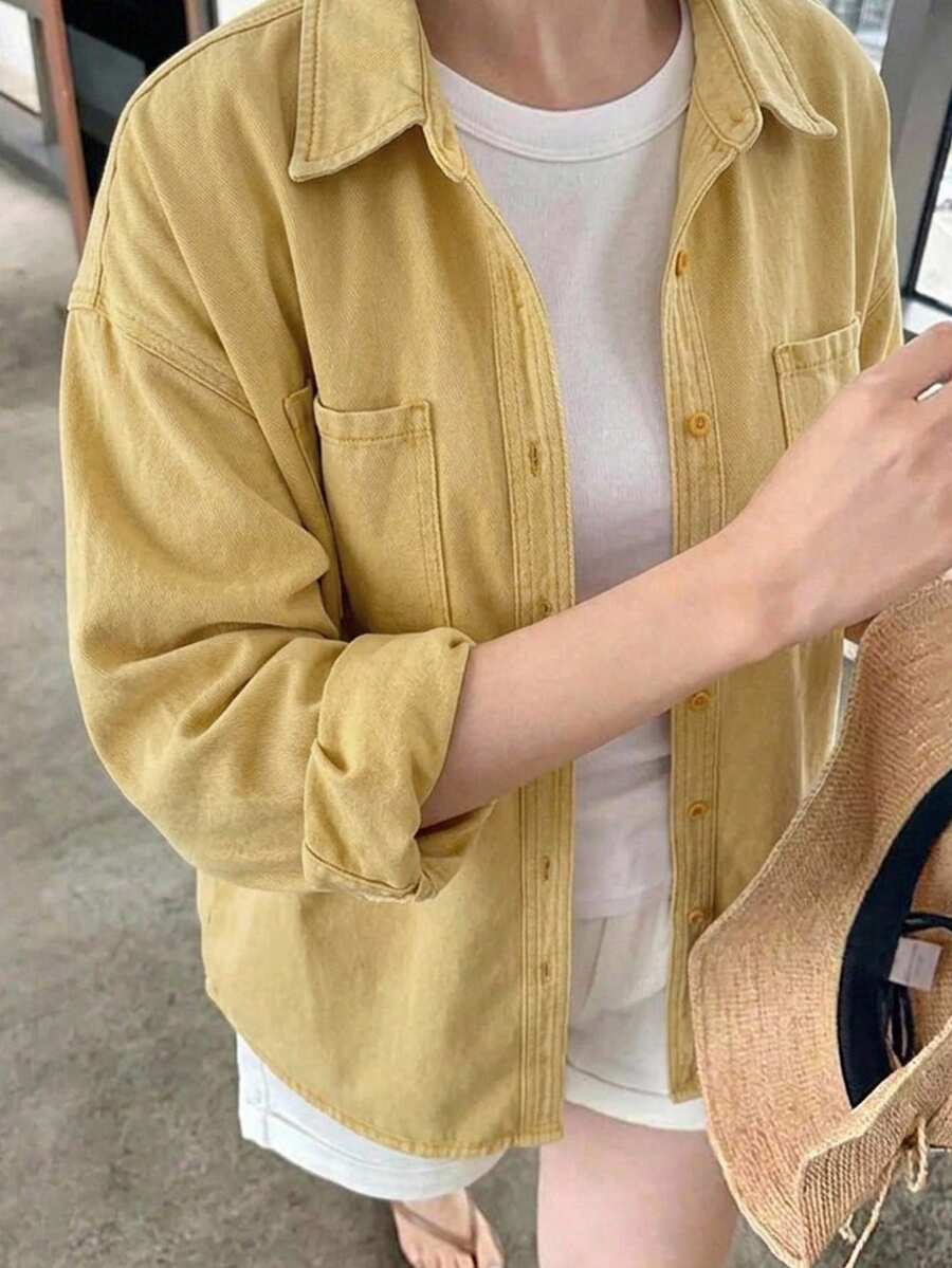 Dazy Plus 女款大尺碼寬鬆時尚條紋長袖芥末黃襯衫,秋季正式外出休閒鬆垮風 - 鵝黃色 - 查看 1