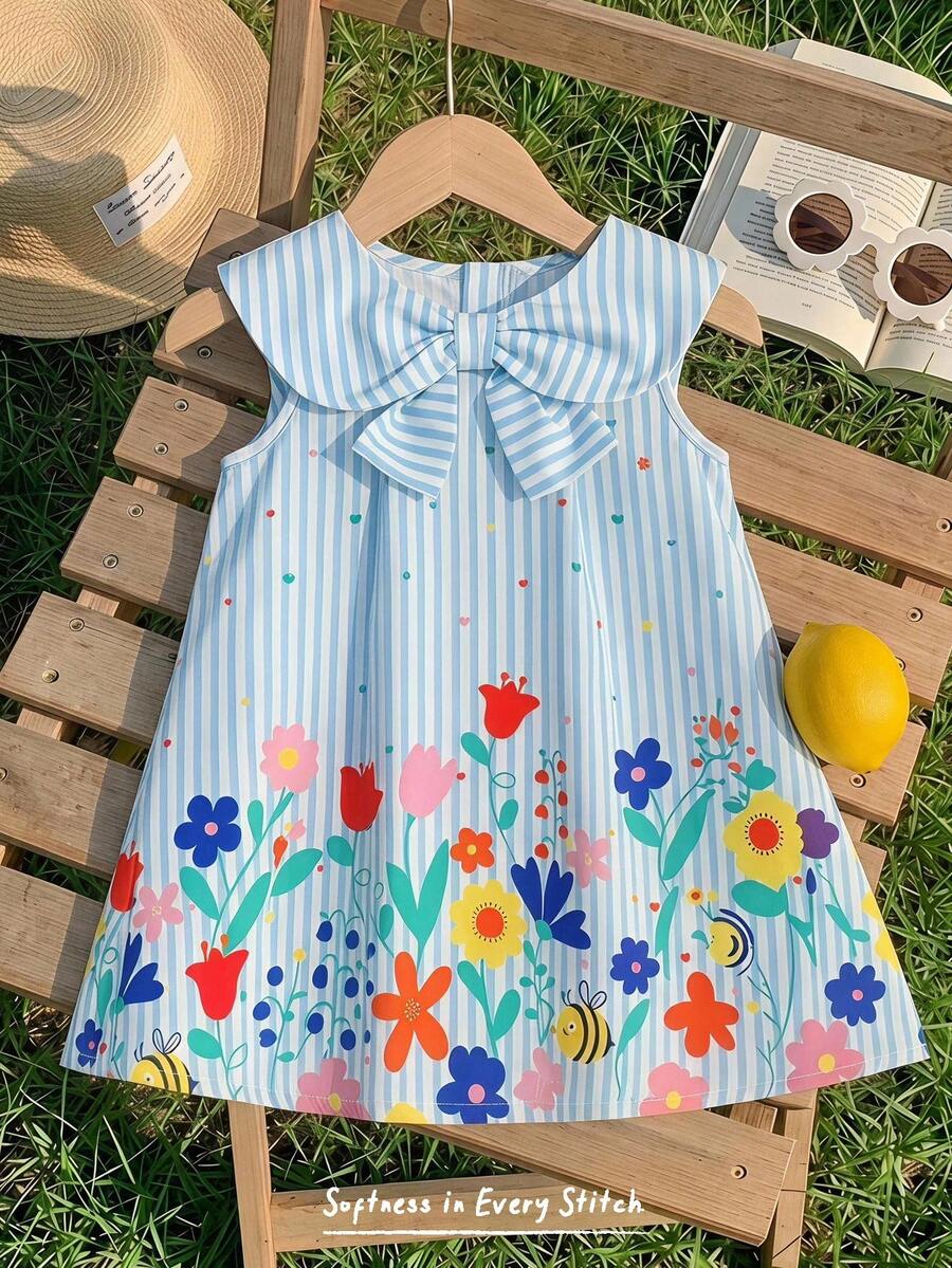 Cozy Pixies 女婴夏季可爱条纹碎花彼得潘领无袖连衣裙,法式风格,适合返校、外出和春夏穿着 - 彩色 - 查看 1
