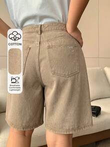 Dazy Plus Khaki Back Pocket Bow Embroidery Straight Leg Knee Length Denim Shorts Spring/Summer Back-To-School Date Night Hiking Casual - Camel - View 1