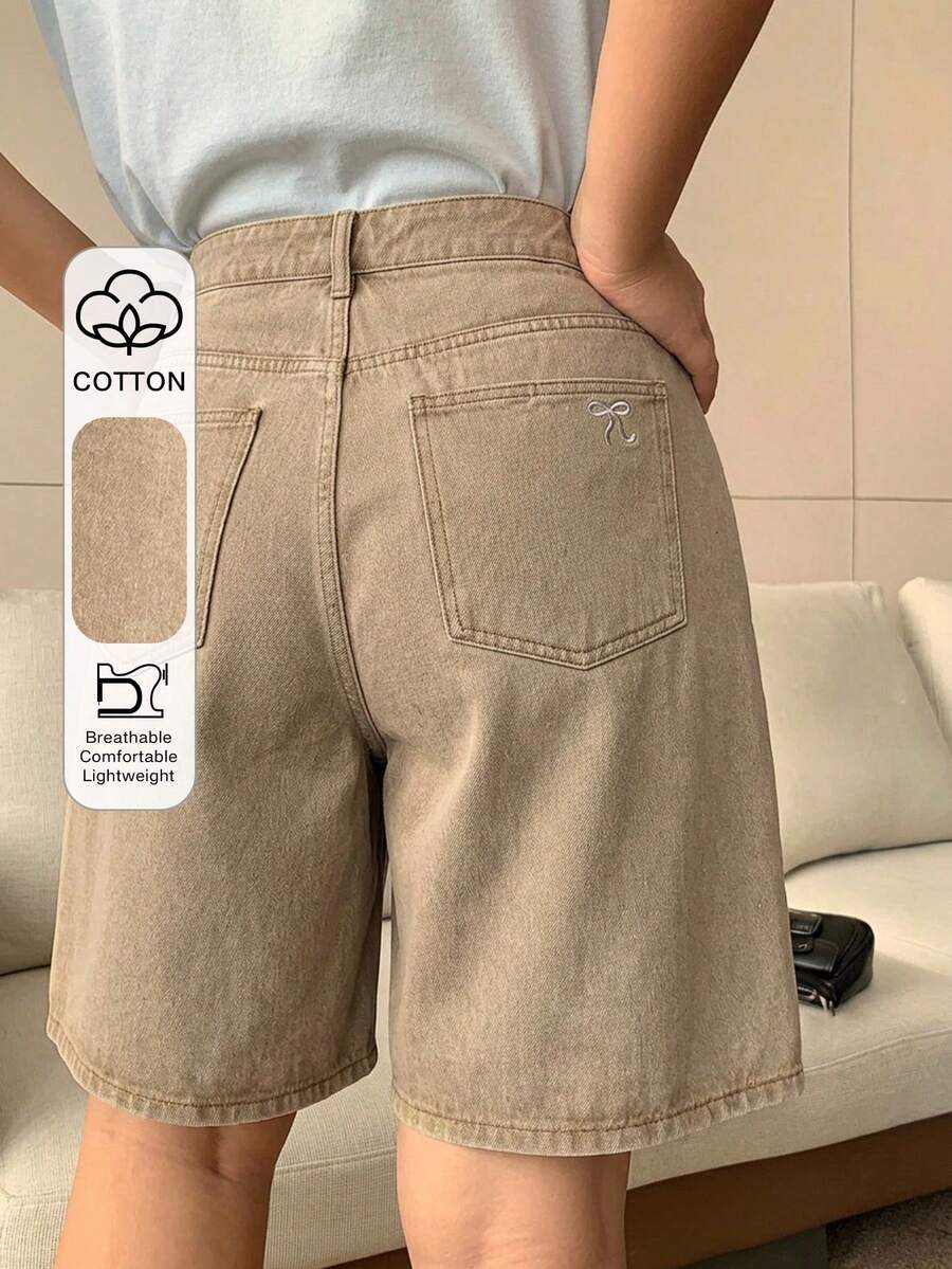 Dazy Plus Khaki Back Pocket Bow Embroidery Straight Leg Knee Length Denim Shorts Spring/Summer Back-To-School Date Night Hiking Casual - Camel - View 1
