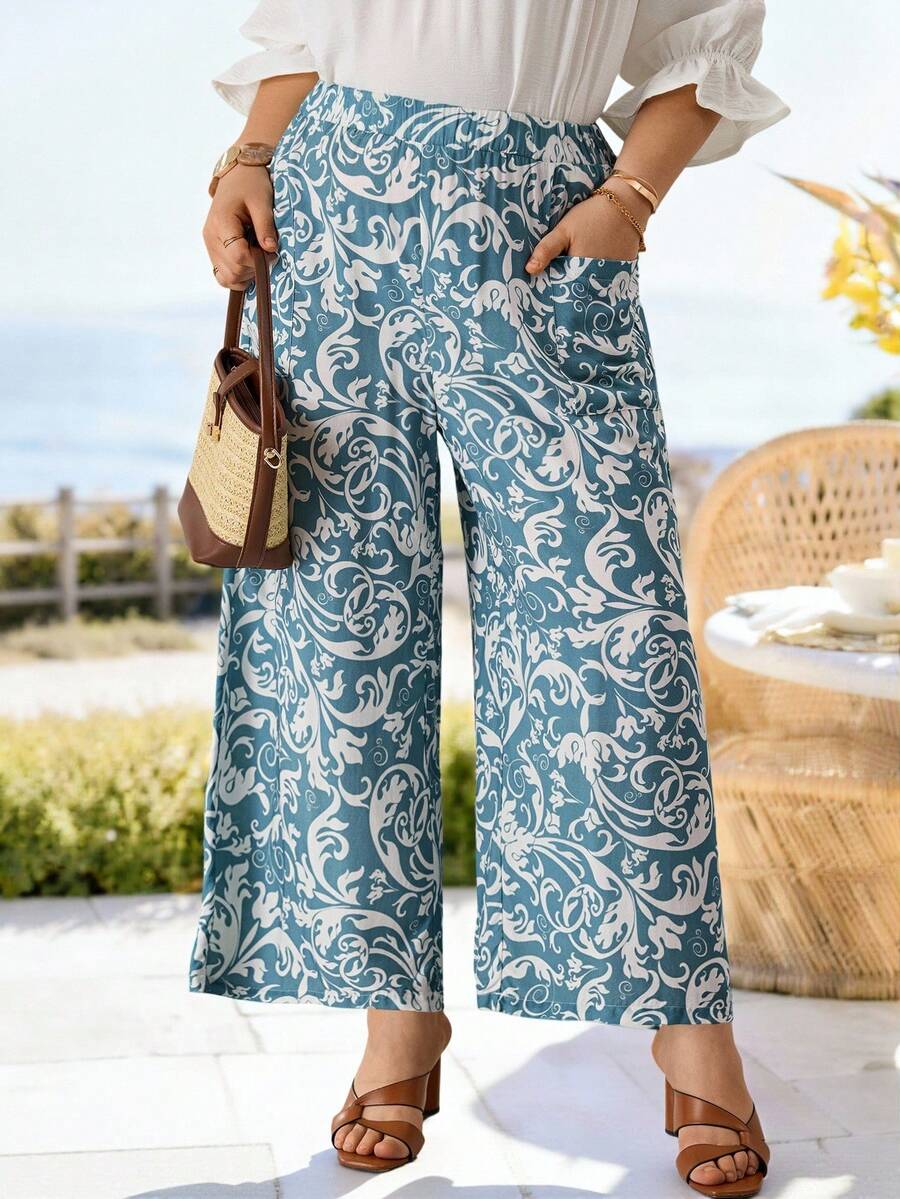 Rosumi Women's Plus Size Printed Wide Leg Long Pants Fall - Multicolor - View 1