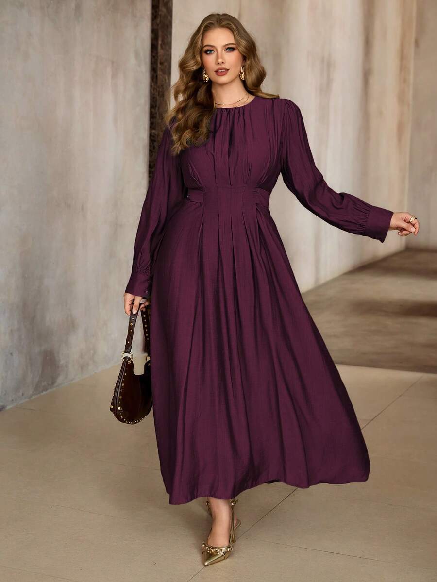 Roveilla Plus Size Women's Spring Autumn Winter French Elegant Luxury Minimalist High-End Design Casual Vacation Office Commute Old Money Style Comfortable Round Neck Gathered Waist Tie Waist Flared Hem Long Sleeve Long Dress - Red Violet - View 1