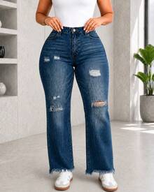 Curvy Jeans Wide Ripped Ripped Worn Skynni Comfortable Versatile Stretch Fresh Light Quality - Azul obscuro - View 4