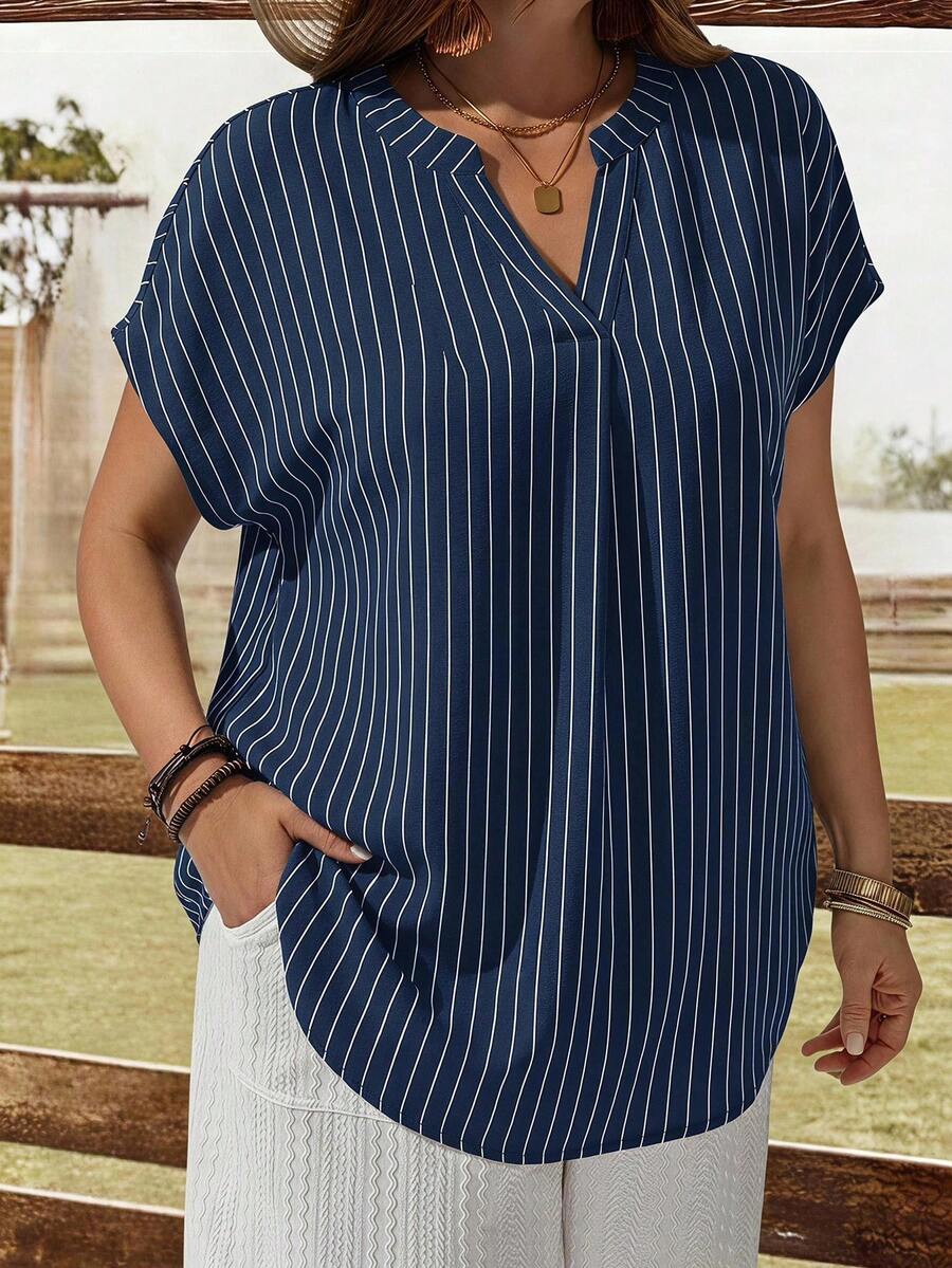 EMERY ROSE Casual Blue And White Striped Print Plus Size Women's Short Sleeve Shirt Suitable For Summer - Multicolor - View 1