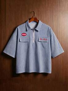 TOKVUE TOKUVE 男士休閒 Polo 衫，年輕時尚拉鍊門襟 Polo 衫，極簡休閒條紋布料 Polo 衫，日常穿著，Ins 風格設計，短袖領口 Polo 衫，適合音樂節、度假和日常，男士休閒襯衫，居家休閒，度假文化，個性化，送給丈夫或男朋友的禮物 - 藏蓝色 - 查看 6