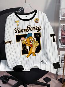 TOM & JERRY X SHEIN 大尺碼女款圓領條紋字母卡通圖案休閒日常長袖衛衣 - 白色 - 查看 3