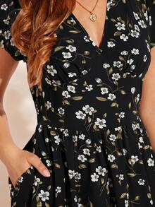 Amorya Women's Floral V-Neck Pocket Elegant Vacation Dress - Black - View 7