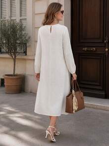 Miaspire Middle-Aged Women's Contrast Lace Round Neck Long Sleeve Elegant Dress - White - View 3