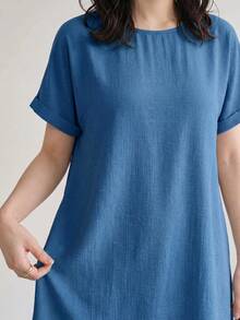 SHEIN LUNE Women Solid Color Round Neck Short Sleeve Casual Dress - Dusty Blue - View 5