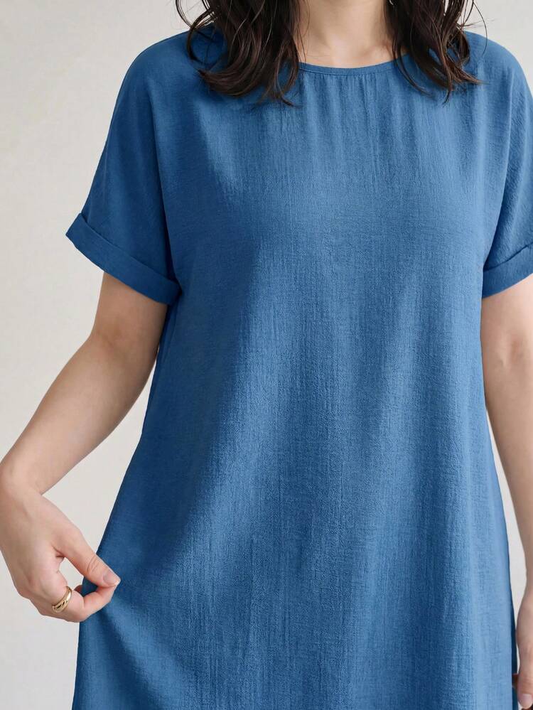 SHEIN LUNE Vestido casual de mujer de unicolor con cuello redondo y manga corta - Neblina azul - Añade 4
