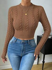 SHEIN Raffinéa Áo len croptop màu trơn phong cách thường ngày đa năng - màu nâu - Xem 4