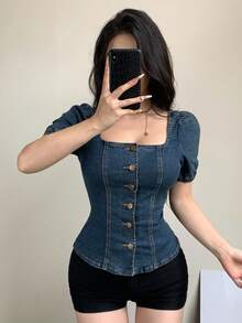 Joudiya 夏季修身優雅派對音樂節短袖女款牛仔上衣 - 深色水洗藍 - 查看 4