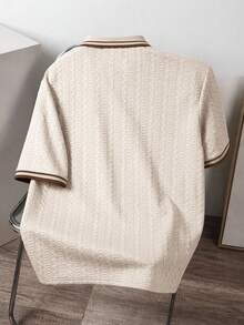 Manfinity Joysei Plus Size Men's Textured Striped Button-Placket Short Sleeve Polo Shirt, Suitable For Commuting And Everyday Wear - Khaki - View 2
