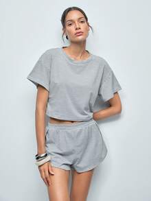 Softvol Set de 2 piezas compuesto por top holgado de punto a rayas con abertura lateral y shorts, conjunto informal de ropa de estar en casa - Negro - Ver 7
