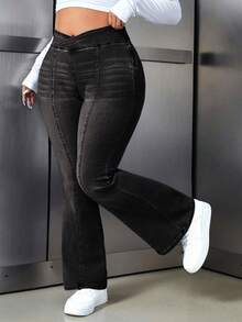 Flexra Plus Size Casual Everyday Date Night Dinner Washed V-Waist Flare Leg Jeans Black Summer - Light Grey - View 8