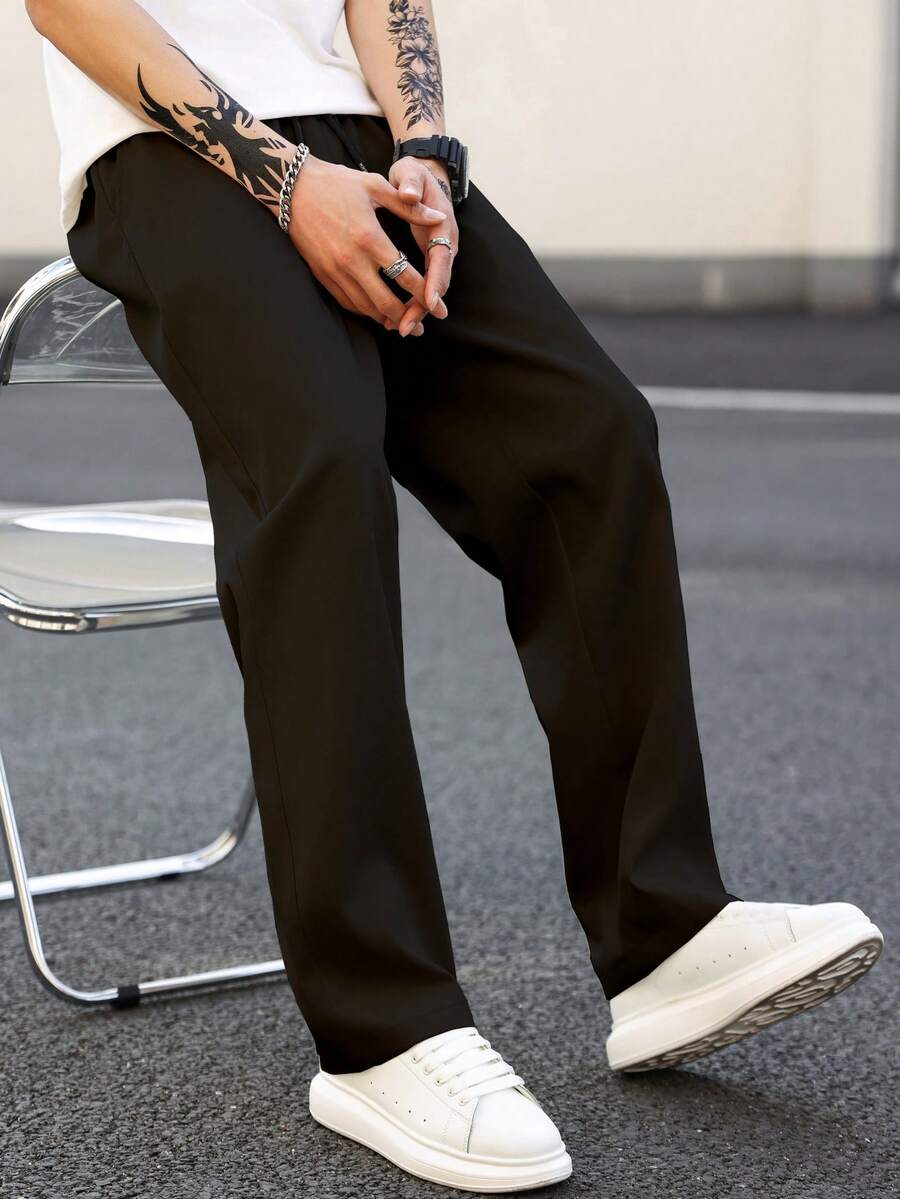 Manfinity Homme Pantalones rectos casuales y sencillos con bolsillos en diagonal para hombre, para el otoño - Negro - Ver 1