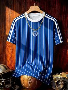 Aesthetic Post Retro American Blue White Stripe Summer T-Shirt For Men's Women's,Casual Loose Round Neck Sports Jersey Style Top,Graduation Back-To-School Graphic - Multicolor - View 4