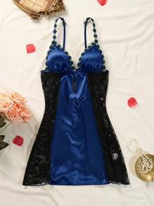 Seduluxe Women's Lace Patchwork Satin Nightgown, 1pc - Navy Blue - View 7
