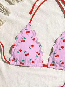 Swim Mod Conjunto de bikini sexy de unicolor con diseño de volantes de alta elasticidad para mujer para vacaciones - Rosa - Ver 3