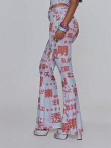 MUSERA 網格圖案印花雙層低腰裙褲 抽褶細節喇叭褲 春夏度假 伊比薩節慶 Y2K Psyche 風格 - 紅色 - 查看 3