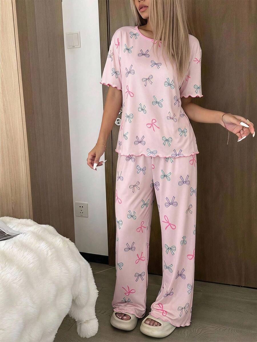 青少年女孩蝴蝶結印花圓領上衣與荷葉邊飾休閒長褲居家服套裝 - 粉色 - 查看 1