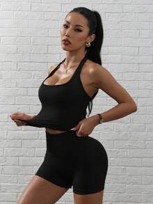 Dewbera Dewbera 女式纯色露背瑜伽背心和高腰短裤运动套装 - 彩色 - 查看 6