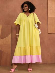BrightlyHer Plus Size Women's Summer/Autumn Casual Vacation Ruffle Yellow Patchwork Colorblock Dress,Going Out Outfits, Beach,Flowy Dress, Fall Clothes,Boho - Multicolor - View 4