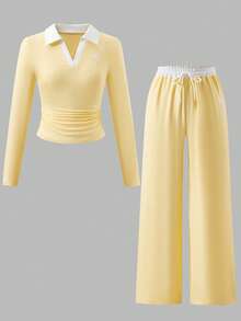 SHEIN Explorewe 青少年女孩騎士刺繡長袖T恤與抽繩腰長褲套裝 - 黃色 - 查看 3