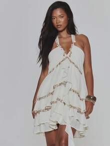 MUSERA Layered Ruched Shell Embellished Halterneck Mini Dress - Beige - View 5