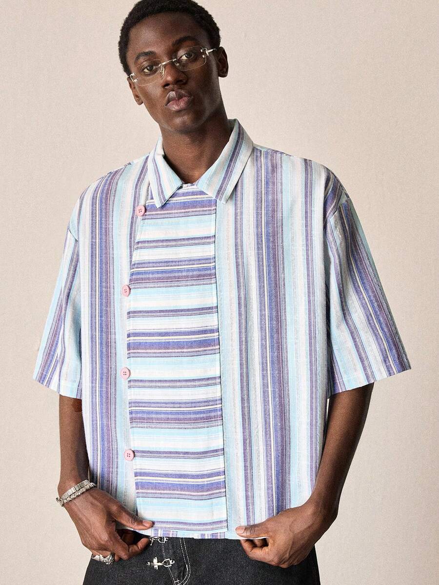 ROMWE MEN Street Life Men's Button-Up Contrast Color Structural Shirt - Multicolor - View 1