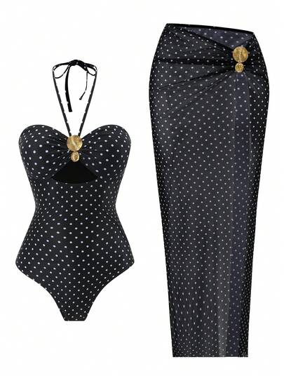 Swim Oasis Spring/Summer New Women's One-Piece Swimsuit With Mesh Long Skirt, Polka Dot Print Design, Bandeau Sexy Bohemian Style For Beach
