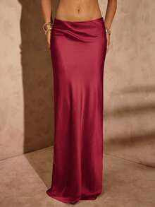 Hauture Women's Summer Sexy Night Out Ibiza Party Wedding Burgundy Satin Low Drape Back Detail Maxi Skirt - Burgundy - View 2