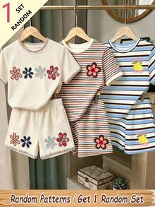 (Patrón Aleatorio, 1 Set Aleatorio) Conjunto de Camiseta Corta Básica y Pantalones Cortos con Estampado de Rayas Coloridas, Flores y Limones Minimalista de Moda para Niñas, Atuendo Diario de Verano - Multicolor - Ver 1