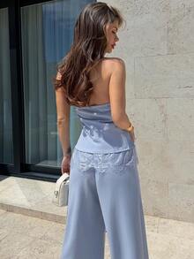 Firerie Women's Elegant Sexy Romantic Wedding Cocktail Lace Tube Top And Wide Leg Pants 2 Pieces Set Party Light Blue Summer - Blue - View 4