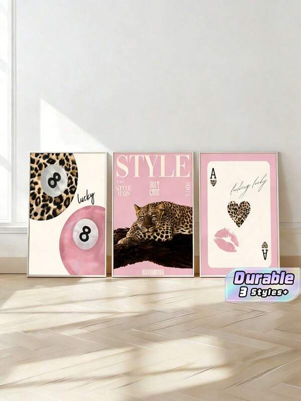 3 Cuadros de arte de pared con estampado de leopardo y guepardo, pintura en lienzo con patrón de bola 8 de la suerte, póster rosado femenino, pintura decorativa elegante adecuada para dormitorio, sala de estar o dormitorio, regalo para ella, marco no incluido