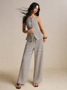 Poéselle Women's Striped Knit 2-Piece Set, Sleeveless Striped Knit Top With Button Design And  Pants, Suitable For Dating, Vacation,Summer/Autumn Outfit - Multicolor - View 8